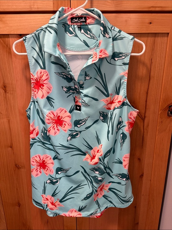 Bad Birdie Tops - Bad Birdie Coral Floral Sleeveless Polo Tank on Aqua Base